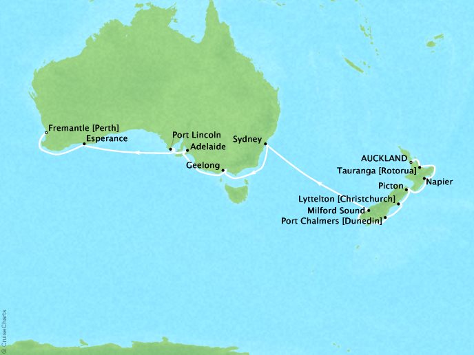 Cruises Regent Seven Seas Navigator Map Detail Auckland, New Zealand to Fremantle, Australia February 6-25 2018 - 19 Days
