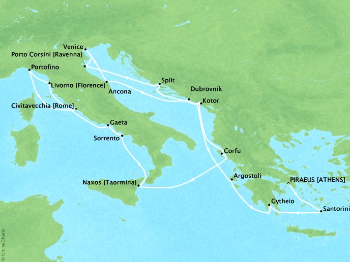 Cruises Regent Seven Seas Navigator Map Detail Athens (Piraeus), Greece to Rome (Civitavecchia), Italy September 26 October 13 2016 - 17 Days