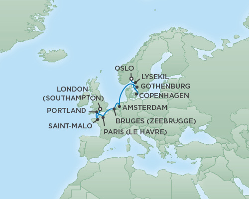 Cruises RSSC Regent Seven Explorer Map Detail Oslo, Norway to London (Southampton), England July 6-16 2018 - 10 Days