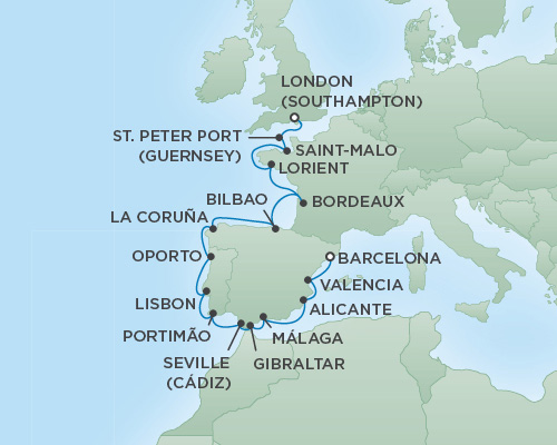 Cruises RSSC Regent Seven Explorer Map Detail Barcelona, Spain to London (Southampton), England May 15-31 2018 - 16 Days