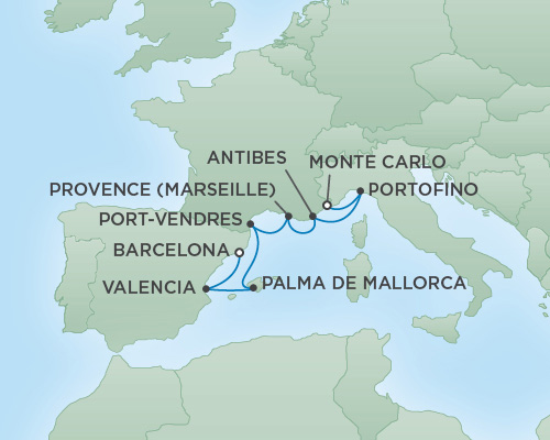 Cruises RSSC Regent Seven Explorer Map Detail Monte Carlo, Monaco to Barcelona, Spain May 8-15 2018 - 7 Days