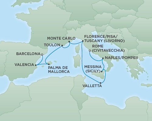 Cruises RSSC Regent Seven Explorer Map Detail Barcelona, Spain to Rome (Civitavecchia), Italy November 8-18 2018 - 10 Days