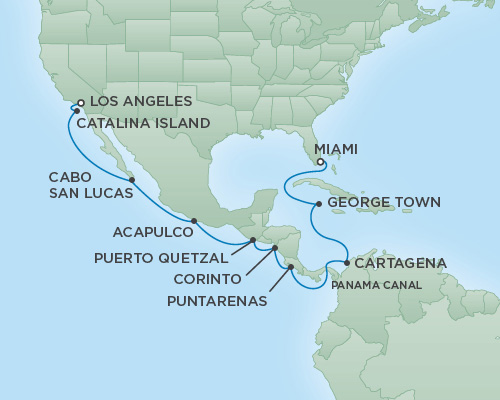 Cruises RSSC Regent Seven Explorer Map Detail Los Angeles, California to Miami, Florida March 9-25 2019 - 16 Days