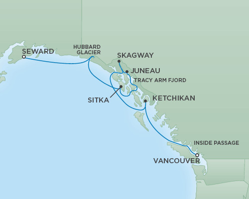 Cruises RSSC Regent Seven Mariner Map Detail Anchorage (Seward), Alaska to Vancouver, Canada August 15-22 2018 - 7 Days