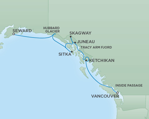 Cruises RSSC Regent Seven Mariner Map Detail Vancouver, Canada to Anchorage (Seward), Alaska July 11-18 2018 - 7 Days