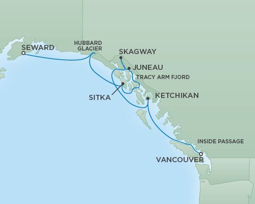 Cruises RSSC Regent Seven Mariner Map Detail Anchorage (Seward), Alaska to Vancouver, Canada July 18-25 2018 - 7 Days