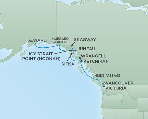 Cruises RSSC Regent Seven Mariner Map Detail Anchorage (Seward), Alaska to Vancouver, Canada June 20-30 2018 - 10 Days