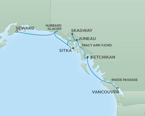 Cruises RSSC Regent Seven Mariner Map Detail Vancouver, Canada to Anchorage (Seward), Alaska May 30 June 6 2018 - 7 Days