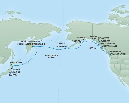 Cruises RSSC Regent Seven Mariner Map Detail Tokyo, Japan to Vancouver, Canada April 27 May 16 2019 - 19 Days