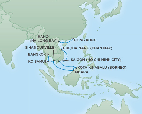 Cruises RSSC Regent Seven Mariner Map Detail Bangkok (Laem Chabang), Thailand to Hong Kong, China February 25 March 13 2019 - 16 Days