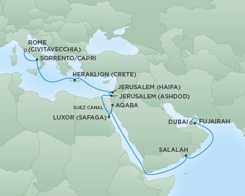 Cruises RSSC Regent Seven Navigator Map Detail Dubai, United Arab Emirates to Rome (Civitavecchia), Italy April 9-29 2019 - 20 Days