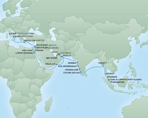 Cruises RSSC Regent Seven Navigator Map Detail Singapore, Singapore to Rome (Civitavecchia), Italy March 20 April 29 2019 - 40 Days