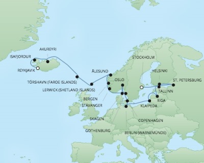 Cruises RSSC Regent Seven Explorer Map Detail Reykjavk, Iceland to Stockholm, Sweden August 9-31 2017 - 22 Days