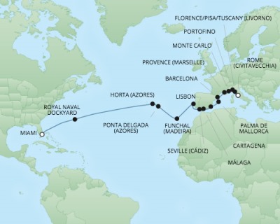 Cruises RSSC Regent Seven Explorer Map Detail Civitavecchia, Italy to Miami, FL, United States November 12 December 8 2017 - 26 Days