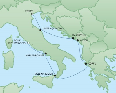 Cruises RSSC Regent Seven Explorer Map Detail Venice, Italy to Civitavecchia, Italy October 14-21 2017 - 7 Days