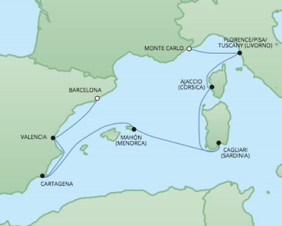 Cruises RSSC Regent Seven Explorer Map Detail Monte Carlo, Monaco to Barcelona, Spain October 28 November 4 2017 - 7 Days