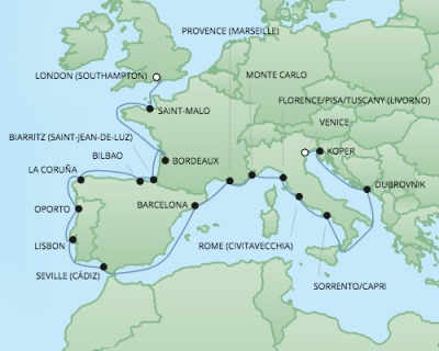 Cruises RSSC Regent Seven Explorer Map Detail Southampton, United Kingdom to Venice, Italy September 22 October 14 2017 - 22 Days