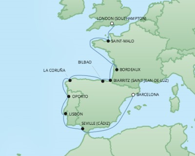 Cruises RSSC Regent Seven Explorer Map Detail Southampton, United Kingdom to Barcelona, Spain September 22 October 4 2017 - 12 Days
