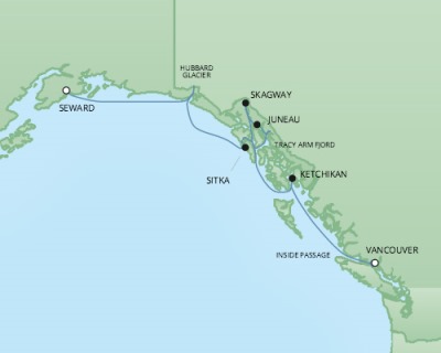 Cruises RSSC Regent Seven Mariner Map Detail Seward, AK, United States to Vancouver, Canada August 2-9 2017 - 7 Days