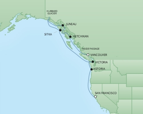 Cruises RSSC Regent Seven Mariner Map Detail Vancouver, Canada to San Francisco, CA, United States August 30 September 9 2017 - 10 Days