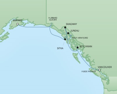 Cruises RSSC Regent Seven Mariner Map Detail Seward, AK, United States to Vancouver, Canada July 5-12 2017 - 7 Days