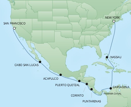 Cruises RSSC Regent Seven Mariner Map Detail San Francisco, CA, United States to New York, NY, United States September 9-27 2017 - 18 Days