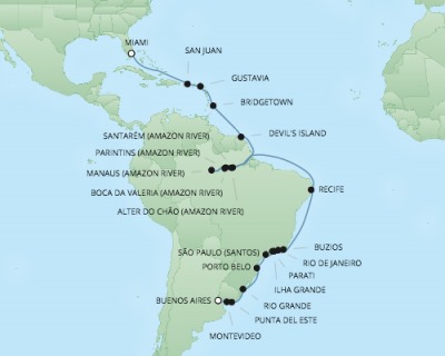 Cruises RSSC Regent Seven Mariner Map Detail Buenos Aires, Argentina to Miami, FL, United States February 13 March 17 2018 - 33 Days