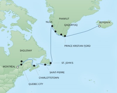 Cruises RSSC Regent Seven Navigator Map Detail Montreal, Canada to Reykjavk, Iceland August 18 September 1 2017 - 14 Days