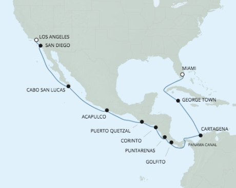 Cruises RSSC Regent Seven Navigator Map Detail Miami, Florida to Los Angeles, California January 5-21 2017 - 16 Days