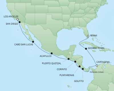 Cruises RSSC Regent Seven Navigator Map Detail Miami, FL, United States to Los Angeles, CA, United States November 25 December 11 2017 - 16 Days