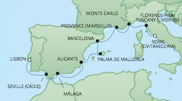 Cruises RSSC Regent Seven Voyager Map Detail Lisbon, Portugal to Civitavecchia, Italy August 20-29 2017 - 9 Days