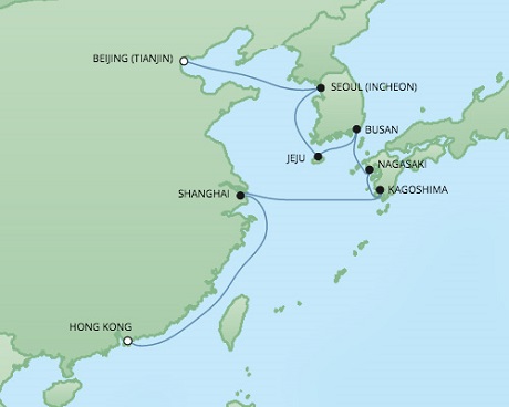 Cruises RSSC Regent Seven Voyager Map Detail Hong Kong, China to Tianjin, China December 17-29 2017 - 12 Days