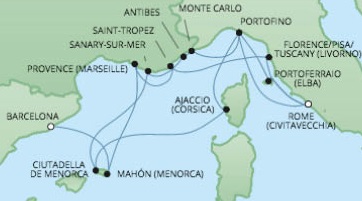 Cruises RSSC Regent Seven Voyager Map Detail Barcelona, Spain to Civitavecchia, Italy July 18 August 1 2017 - 14 Days