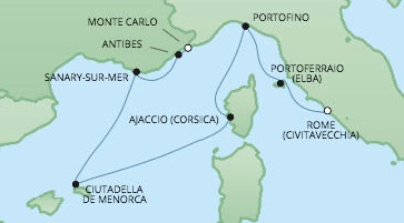 Cruises RSSC Regent Seven Voyager Map Detail Monte Carlo, Monaco to Civitavecchia, Italy July 25 August 1 2017 - 7 Days