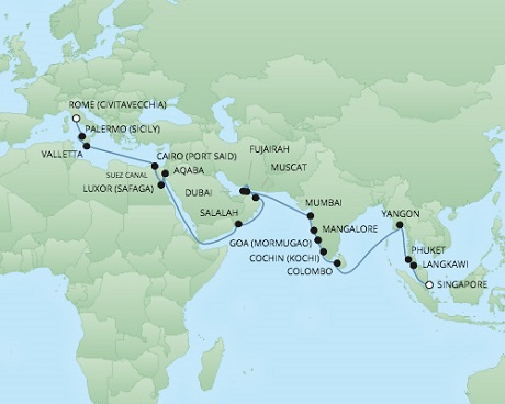 Cruises RSSC Regent Seven Voyager Map Detail Civitavecchia, Italy to Singapore, Singapore October 27 December 5 2017 - 39 Days