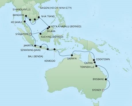Cruises RSSC Regent Seven Voyager Map Detail Singapore, Singapore to Sydney, Australia January 17 February 20 2018 - 34 Days
