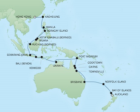 Cruises RSSC Regent Seven Voyager Map Detail Auckland, New Zealand to Hong Kong, China March 6 April 8 2018 - 33 Days