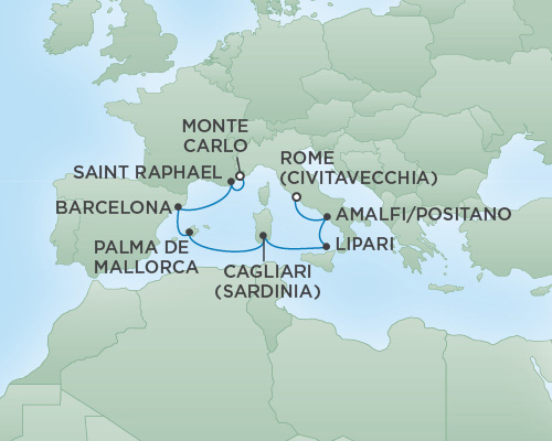 Cruises RSSC Regent Seven Voyager Map Detail Rome (Civitavecchia), Italy to Monte Carlo, Monaco August 11-18 2018 - 7 Days
