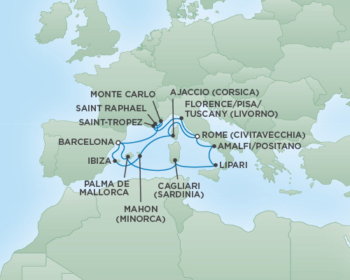 Cruises RSSC Regent Seven Voyager Map Detail Rome (Civitavecchia), Italy to Barcelona, Spain August 11-25 2018 - 14 Days