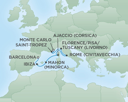Cruises RSSC Regent Seven Voyager Map Detail Monte Carlo, Monaco to Barcelona, Spain August 18-25 2018 - 7 Days