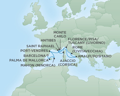 Cruises RSSC Regent Seven Voyager Map Detail Monte Carlo, Monaco to Barcelona, Spain July 2-13 2018 - 11 Days