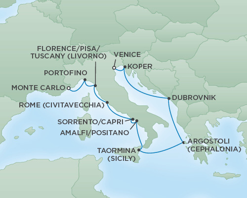 Cruises RSSC Regent Seven Voyager Map Detail Venice, Italy to Monte Carlo, Monaco June 21 July 2 2018 - 11 Days