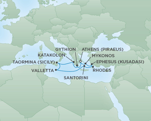 Cruises RSSC Regent Seven Voyager Map Detail Athens (Piraeus), Greece to Athens (Piraeus), Greece October 7-17 2018 - 10 Days