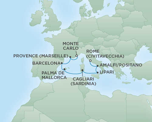 Cruises RSSC Regent Seven Voyager Map Detail Rome (Civitavecchia), Italy to Monte Carlo, Monaco September 13-20 2018 - 7 Days