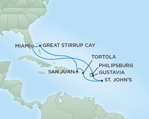 Cruises RSSC Regent Seven Voyager Map Detail Miami, Florida to Miami, Florida February 13-23 2019 - 10 Days