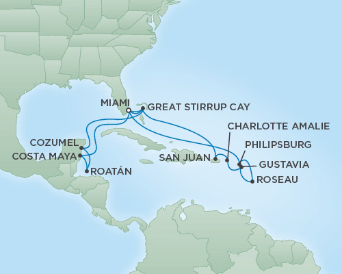 Cruises RSSC Regent Seven Voyager Map Detail Miami, Florida to Miami, Florida February 23 March 12 2019 - 17 Days