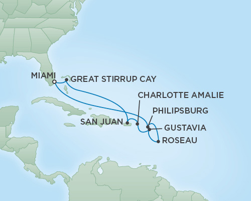 Cruises RSSC Regent Seven Voyager Map Detail Miami, Florida to Miami, Florida February 23 March 5 2019 - 10 Days