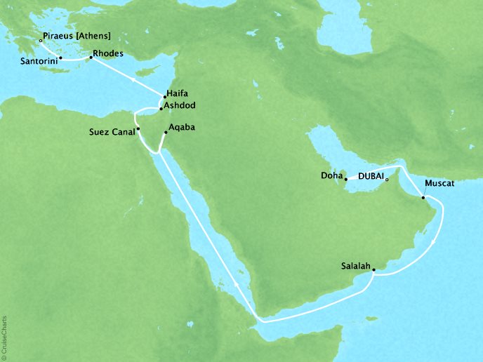 Seaborne Cruises Encore Map Detail Dubai, United Arab Emirates to Piraeus (Athens), Greece April 17 May 6 2026 - 19 Days - Voyage 7727