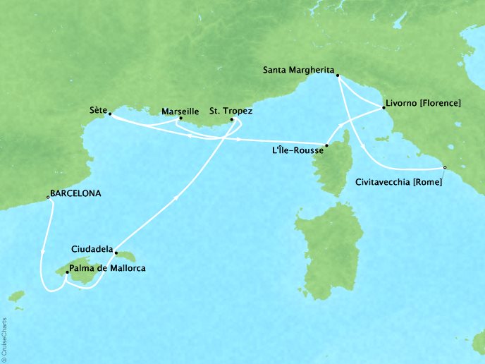 Cruises Seabourn Encore Map Detail Barcelona, Spain to Civitavecchia, Italy August 15-25 2024 - 10 Days