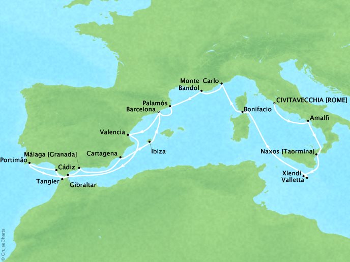Cruises Seabourn Encore Map Detail Civitavecchia (Rome), Italy to Barcelona, Spain August 25 September 14 2024 - 20 Days